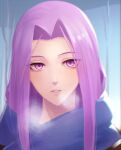  1girl breath fate_(series) forehead long_hair looking_at_viewer medusa_(fate) medusa_(rider)_(fate) minami_koyogi portrait purple_eyes purple_hair solo square_pupils 