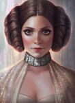  1girl breasts brown_eyes brown_hair cleavage collar looking_at_viewer medium_hair portrait princess_leia_organa_solo serafleur simple_background star_wars 