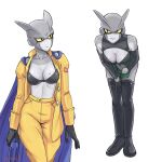 1girl bent_over black_gloves blue_cape boots breast_tattoo breasts cape cleavage cleavage_cutout clothing_cutout commentary dragon_ball dragon_ball_super dragon_ball_super_super_hero english_commentary gamma_2 genderswap genderswap_(mtf) gloves half_gloves high-waist_pants highres jacket jenxd_d medium_breasts pants shirt_tug signature smile tattoo thigh_boots yellow_jacket yellow_pants 