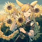  1girl :d animal_ears arknights black_shorts black_vest blonde_hair braid braided_ponytail closed_eyes collared_shirt commentary facing_viewer flower holding holding_flower kroos_(arknights) kroos_the_keen_glint_(arknights) long_hair long_sleeves luobuyuyan open_mouth outdoors rabbit_ears shirt shorts sky smile solo sunflower upper_body very_long_hair vest white_shirt yellow_flower 