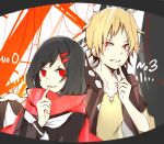  1boy 1girl bangs black_hair black_serafuku blonde_hair brown_hoodie brown_shirt casual character_name empty_eyes enpera finger_to_mouth framed grey_background grin hair_ornament hair_over_one_eye hairclip hood hood_down hoodie index_finger_raised k623 kagerou_project kano_shuuya long_sleeves looking_at_viewer looking_to_the_side mekakucity_actors multicolored_background neckerchief parted_lips print_hoodie red_eyes school_uniform serafuku shirt short_hair short_sleeves sleeve_cuffs smile string string_of_fate tateyama_ayano teeth upper_body white_background white_neckerchief 