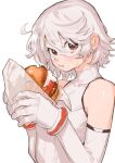  1girl bare_shoulders bracelet bukimi_isan burger eating food gloves highres jewelry looking_at_viewer mask red_eyes short_hair shy_(character) shy_(series) solo sweatdrop white_hair 
