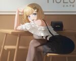  1girl :d arched_back arm_up bad_anatomy bag bare_shoulders bench black_skirt blonde_hair blue_eyes bob_cut breasts brown_pantyhose cafeteria crossed_legs feet_out_of_frame hair_ornament handbag highres hololive hololive_english large_breasts leaning_forward looking_at_viewer monocle_hair_ornament nhaliz off-shoulder_shirt off_shoulder pantyhose shirt short_sleeves signature sitting skirt smile solo suspender_skirt suspenders table virtual_youtuber watson_amelia white_shirt wooden_bench wooden_table 