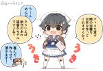  akigumo_(kancolle) apron bandana black_hair blue_sailor_collar blue_serafuku blue_skirt chibi commentary_request full_body goma_(yoku_yatta_hou_jane) hair_flaps hair_ornament hairclip head_only headgear jingei_(kancolle) kantai_collection long_hair low_ponytail neckerchief notebook open_mouth pleated_skirt red_eyes ribbon sailor_collar school_uniform serafuku simple_background skirt solo_focus standing translation_request twitter_username waist_apron wavy_mouth white_apron white_background white_neckerchief white_ribbon 