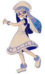  1girl :d blue_eyes bracelet cosplay dress hat ikamusume ikamusume_(cosplay) inkling inkling_girl jewelry malan open_mouth shinryaku!_ikamusume shoes smile solo splatoon_(series) standing standing_on_one_leg teeth tentacle_hair 