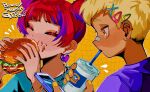  2girls bandaid bandaid_on_face bandaid_on_nose bangs barbell_piercing blonde_hair blue_hair bracelet braid burger cellphone commentary_request cup disposable_cup drinking drinking_straw ear_piercing earrings food food_on_face hair_ornament hairclip highres holding holding_phone jewelry multicolored_hair multiple_girls natchan_blue_(nanairopenki) original phone piercing red_hair red_nails short_hair smartphone streaked_hair twin_braids two-tone_hair x_hair_ornament yellow_eyes yellow_nails 