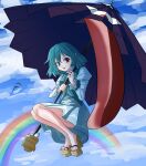  1girl alinoce716 bangs bird blue_eyes blue_hair blue_sky blue_vest brown_footwear cloud full_body geta heterochromia highres holding holding_umbrella juliet_sleeves karakasa_obake long_sleeves looking_at_viewer outdoors puffy_sleeves purple_umbrella rainbow red_eyes shirt short_hair sky solo tatara_kogasa tongue tongue_out touhou umbrella vest white_shirt 