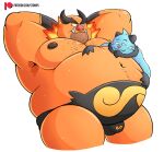  2023 belly big_belly blue_body bulge clothing dewott duo emboar generation_5_pokemon hi_res male moobs musclegut navel nintendo nipples obese obese_male orange_body overweight overweight_male pokemon pokemon_(species) stompsthecroc underwear 