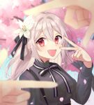  2girls ahoge bangs black_ribbon blurry blurry_background bow bowtie cherry_blossoms flower grey_hair grey_shirt hair_between_eyes hair_flower hair_ornament hair_over_one_eye hair_ribbon highres lily_(flower) long_hair long_sleeves looking_at_viewer monika_(spy_kyoushitsu) multiple_girls outdoors pov red_eyes ribbon shirt single_horizontal_stripe skirt sky smile solo_focus spy_kyoushitsu suspender_skirt suspenders tree two-tone_ribbon upper_body v white_ribbon yume_(bp25mt) 