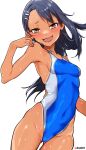  1girl absurdres aiuti black_hair blue_one-piece_swimsuit brown_eyes competition_swimsuit cowboy_shot dark-skinned_female dark_skin fang forehead hair_ornament hairclip highleg highleg_swimsuit highres ijiranaide_nagatoro-san long_hair looking_at_viewer nagatoro_hayase one-piece_swimsuit simple_background smile solo swimsuit two-tone_swimsuit wet wet_clothes wet_swimsuit white_background 
