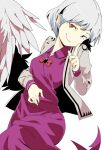  1girl bangs brooch collared_dress dress feathered_wings finger_to_face grin jacket jewelry kishin_sagume long_dress long_sleeves looking_at_viewer peptide purple_dress red_eyes short_hair single_wing smile solo suit_jacket touhou white_background white_hair white_jacket wings 