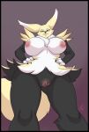  2021 absurd_res anthro areola bandai_namco big_breasts biped black_border blue_eyes border breasts digimon digimon_(species) evil_grin fae_(vulfox) female hands_on_hips hi_res lavenderpandy looking_down low-angle_view nipples nude renamon smile solo 
