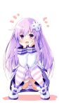  1girl d-pad d-pad_hair_ornament dress hair_ornament happy highres iwashi_dorobou_-r- long_hair looking_at_viewer nepgear neptune_(series) open_mouth panties pantyshot purple_eyes purple_hair smile solo squatting striped striped_panties striped_thighhighs thighhighs underwear 