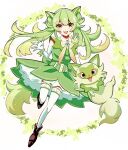  1girl :d animal_ear_fluff animal_ears bangs boots brown_footwear commentary_request creature_and_personification dress elbow_gloves eyelashes fangs frills gloves green_dress green_hair happy haruto_irasuto long_hair looking_at_viewer open_mouth personification pokemon red_eyes smile sprigatito thighhighs white_gloves white_thighhighs 