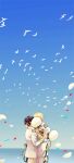  axis_powers_hetalia bird black_hair blonde_hair blue_sky grabbing_another&#039;s_hair hat japan_(hetalia) medal military_hat ocean personification petals short_hair sky stealth_kiss sumi_tooru sword united_kingdom_(hetalia) weapon 