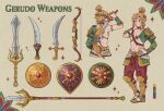  1boy 64ibon abs armor bangs belt blonde_hair bow_(weapon) capri_pants closed_mouth color_guide commentary_request hand_on_hip hand_up highres leg_armor link male_focus medium_hair navel pants pointy_ears polearm red_pants sheath shield shoulder_armor single_sleeve sparkle standing strap sword the_legend_of_zelda unsheathing weapon 