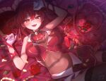  1girl :d bodystocking covered_navel crop_top flower gloves hair_between_eyes heart heart_pillow heterochromia highres hololive houshou_marine long_hair looking_at_viewer lupi_(lupinel9) lying midriff navel on_back open_mouth partially_unbuttoned pillow red_eyes red_flower red_hair red_rose ribbon rose sleeveless smile solo thighhighs virtual_youtuber white_gloves yellow_eyes 