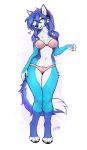 2023 4_toes 5_fingers anthro blue_body blue_fur blue_hair bra breasts canid canine canis clothed clothing digital_media_(artwork) digitigrade eyebrows eyelashes f-r95 feet female fingers fur hair hi_res mammal panties smile toes underwear white_body white_fur wolf yellow_eyes 