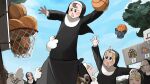  5girls basketball basketball_hoop bird blonde_hair blue_eyes body_writing brown_eyes brown_hair catholic cheating_(competitive) chicken closed_eyes clumsy_nun_(diva) diva_(hyxpk) duck english_commentary grey_hair habit highres hungry_nun_(diva) little_nuns_(diva) multiple_girls nun ostrich pigeon pumpkin scoreboard sheep_nun_(diva) spicy_nun_(diva) sweat topknot tree triangle_mouth 