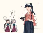  ... 3girls ahoge aiming asashimo_(kancolle) asashimo_kai_ni_(kancolle) black_hair black_hakama blazer closed_eyes colored_inner_hair dress fang grey_eyes grey_hair grey_jacket gun hair_over_one_eye hakama halter_dress halterneck highres houshou_(kancolle) jacket japanese_clothes kantai_collection kimono kuragare long_hair multicolored_hair multiple_girls naganami_(kancolle) naganami_kai_ni_(kancolle) pink_hair pink_kimono ponytail purple_dress school_uniform spoken_ellipsis tasuki translation_request two-tone_hair weapon 