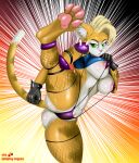  angry_eyes anthro breasts felid feline female fight fur green_eyes hi_res jasmine_serna kick mammal paws smartwhitefang solo under_boob yellow_body yellow_fur 