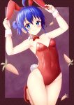  1girl ahoge animal_ears armpits arms_up bangs bare_shoulders blue_eyes blue_hair blush bow carrot closed_mouth collar commentary_request covered_navel detached_collar eris_(prophosphere) fake_animal_ears groin hair_between_eyes hair_bun high_heels highres leotard looking_at_viewer original playboy_bunny prophosphere rabbit_ears rabbit_tail red_bow red_footwear red_leotard shoes smile solo strapless strapless_leotard tail white_collar wing_collar wrist_cuffs 