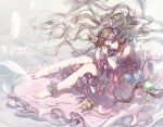  1girl aerith_gainsborough bare_shoulders barefoot breasts brown_hair conch dress feathers final_fantasy final_fantasy_vii green_eyes hair_ornament highres kieta long_hair looking_at_viewer sitting solo thigh_strap white_wings wings 