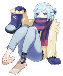  1boy absurdres bangs barefoot bbhdrrr blush boots eyelashes feet green_eyes green_hair grusha_(pokemon) hand_up highres holding holding_boots holding_clothes holding_footwear jacket long_sleeves looking_at_viewer male_focus mechanical_foot mittens pants pokemon pokemon_(game) pokemon_sv scarf scarf_over_mouth solo striped striped_scarf sweatdrop toes yellow_jacket 