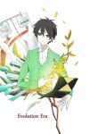  1boy black_eyes black_hair book bright_pupils cardigan closed_mouth collared_shirt commentary cropped_torso english_commentary english_text floating floating_object green_cardigan hair_between_eyes highres intravenous_drip kagerou_project kokonose_haruka leaf long_sleeves looking_at_viewer male_focus medicine notebook open_book pale_skin paper shirt simple_background solo upper_body white_background white_pupils white_shirt woodegi 