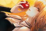  1girl amane_misa apple bangs bare_shoulders black_choker black_dress blonde_hair breasts choker cross cross_earrings death_note detached_sleeves dress earrings english_commentary fingernails food from_side fruit gradient_hair hair_between_eyes heart heart_necklace holding holding_food holding_fruit jewelry lips long_fingernails long_hair long_sleeves lying medium_breasts multicolored_hair nail_polish necklace on_back open_mouth orange_background orange_eyes orange_hair red_nails sleeveless sleeveless_dress smile solo teeth und0 yellow_background 