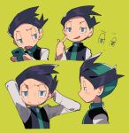  1boy absurdres black_hair blue_eyes blush_stickers closed_mouth commentary_request green_background green_hair green_necktie half-closed_eyes hand_up highres holding index_finger_raised long_sleeves looking_at_viewer male_focus multicolored_hair multiple_views necktie open_mouth pokemon pokemon_(game) pokemon_dppt pokemon_platinum shirt short_hair smile suzuka_g sweat thorton_(pokemon) two-tone_hair 