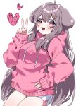  1girl :d ahoge animal_ears bangs blush bow breasts brown_hair dog_ears drawstring hair_between_eyes hair_bow hair_ornament hairclip hand_on_hip heart highres hood hood_down hoodie long_hair long_sleeves looking_at_viewer medium_breasts original pink_bow pink_hoodie puffy_long_sleeves puffy_sleeves red_eyes short_shorts shorts simple_background sleeves_past_wrists smile solo tosyeo very_long_hair w white_background white_shorts yangazi_(dkwl025) 