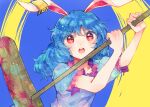  1girl ambiguous_red_liquid animal_ears blue_dress blue_hair blush collarbone dress earclip frilled_sleeves frills holding itomugi-kun kine long_hair mallet open_mouth rabbit_ears red_eyes seiran_(touhou) short_sleeves solo touhou upper_body 