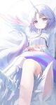  1girl ayatsuno_yuni bangs collared_shirt expressionless feet_out_of_frame gnns highres looking_at_viewer own_hands_together parted_bangs purple_nails shirt short_hair single_thighhigh sitting solo thighhighs unicorn unicorn_girl virtual_youtuber white_background white_hair white_shirt white_thighhighs white_wings wings yumepercent 