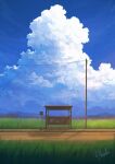  alu.m_(alpcmas) blue_sky bus_stop cloud commentary_request cumulonimbus_cloud day highres no_humans original outdoors power_lines road_sign rural scenery sign sky utility_pole 