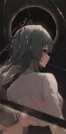  1girl bangs black_background black_pants blurry blurry_foreground blush closed_mouth collared_shirt eclipse gnns green_hair grey_eyes highres jewelry long_hair long_sleeves looking_at_viewer looking_back moon original pants ring shirt sidelocks smile solo standing upper_body white_shirt 