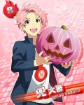  1boy ahoge blue_eyes blush buttons card_(medium) character_name fingernails food holding holding_food holding_pumpkin holding_vegetable idolmaster idolmaster_side-m kabuto_daigo long_sleeves looking_at_viewer male_focus official_art open_clothes open_mouth open_shirt pink_background pumpkin smile solo teeth third-party_source upper_teeth_only vegetable 
