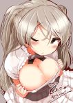  1girl armpit_cutout blush breasts brown_eyes cleavage_cutout clothing_cutout conte_di_cavour_(kancolle) conte_di_cavour_nuovo_(kancolle) corset dress frilled_dress frills grey_dress grey_hair highres kantai_collection large_breasts layered_dress long_hair long_sleeves nijou_katame one_eye_closed solo two-tone_dress two_side_up white_dress 