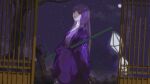  1girl bare_tree closed_mouth door dress fan_yu_xi highres lantern long_hair long_sleeves looking_up moon night own_hands_together purple_dress purple_eyes purple_hair qin_shi_ming_yue shao_siming_(qin_shi_ming_yue) smile solo star_(sky) tree upper_body 