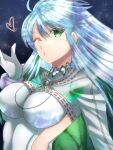  1girl bangs blowing_kiss breasts colored_inner_hair commentary fate/grand_order fate_(series) green_eyes green_hair heart highres jewelry kukulkan_(fate) kukulkan_(second_ascension)_(fate) long_hair looking_at_viewer medium_breasts multicolored_hair one_eye_closed solo swept_bangs vent_vert_(kuuya) white_hair 