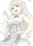  1girl armpit_cutout blush breasts brown_eyes cleavage cleavage_cutout clothing_cutout conte_di_cavour_(kancolle) corset dress frilled_dress frills fubupula gloves grey_dress grey_hair highres kantai_collection large_breasts layered_dress long_hair looking_at_viewer medium_breasts open_mouth smile twitter_username two-tone_dress two_side_up white_dress white_gloves 