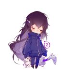  1boy ? absurdly_long_hair animal arms_at_sides biting blue_jacket blue_pants chibi closed_eyes closed_mouth eyeliner floating full_body hair_ornament hair_tubes hairclip highres jacket juzumaru_tsunetsugu lili3639 long_hair long_sleeves low-tied_long_hair makeup male_focus multicolored_hair pants purple_hair shoes sleeves_past_fingers sleeves_past_wrists spoken_question_mark standing streaked_hair tiger tiger_cub touken_ranbu track_jacket track_pants track_suit transparent_background very_long_hair white_tiger 