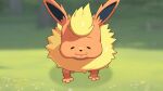  2023 blonde_hair blurred_background drunk_oak eeveelution feral flareon fur generation_1_pokemon grass hair hi_res nintendo orange_body orange_ears orange_fur plant pokemon pokemon_(species) quadruped solo yellow_body yellow_fur 