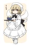  1girl apron bangs blonde_hair blush brown_eyes closed_mouth dress drill_hair fairy fairy_wings full_body hair_between_eyes head_scarf highres holding itatatata long_sleeves luna_child rice shoes short_hair solo touhou translation_request white_apron white_dress white_footwear white_headwear wide_sleeves wings 