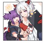  !? 2girls ahoge arknights bandeau bangs cellphone commentary commentary_request grin half_updo highres holding holding_phone horns jacket lava_(arknights) long_hair looking_at_viewer mabing multiple_girls nian_(arknights) open_clothes open_jacket phone pointy_ears purple_eyes purple_hair purple_skirt short_hair short_sleeves sidelocks skirt smartphone smile strapless symbol-only_commentary tube_top twintails white_hair white_jacket 
