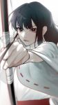  1girl absurdres aiming aiming_at_viewer archery arrow_(projectile) bangs black_hair blurry bow_(weapon) closed_mouth crying depth_of_field drawing_bow eyelashes eyeliner gootai highres holding holding_arrow holding_bow_(weapon) holding_weapon inuyasha japanese_clothes kikyou_(inuyasha) lips long_hair long_sleeves looking_at_viewer makeup miko outstretched_arm sad simple_background solo sunlight tears_from_one_eye up_sleeve upper_body weapon white_background wide_sleeves 
