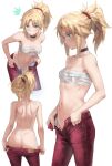 1girl ass back bangs blonde_hair braid breasts fate/apocrypha fate_(series) french_braid green_eyes highres long_hair looking_at_viewer mordred_(fate) mordred_(fate/apocrypha) multiple_views parted_bangs ponytail sarashi sidelocks small_breasts tonee topless 