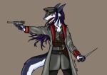  absurd_res anthro claws clothing coat ears_back female fur grey_body grey_fur gun hair hedda_wolf hi_res hunamarts knife luger military_gear military_uniform officers&#039;_hat pivoted_ears purple_hair ranged_weapon sergal solo tail topwear trenchcoat uniform weapon white_body white_fur 