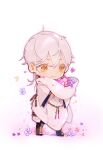  1boy armor bangs black_footwear blue_flower boots chain chibi flower full_body highres holding holding_clothes holding_jacket hood_basket jacket jacket_removed japanese_armor kusazuri legs_apart lili3639 long_hair male_focus pants petals pink_flower smile solo standing touken_ranbu tsurumaru_kuninaga white_hair white_jacket white_pants yellow_eyes 