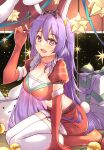  1girl :&lt; :d absurdres animal_ears bangs bow breasts cleavage diving_penguin elbow_gloves fur_trim gloves hair_bow highres large_breasts long_hair looking_at_viewer midriff miniskirt open_mouth pink_eyes puffy_short_sleeves puffy_sleeves purple_hair rabbit_ears rabbit_tail red_gloves reisen_udongein_inaba short_sleeves sitting skirt smile solo tail thighhighs touhou very_long_hair wariza 